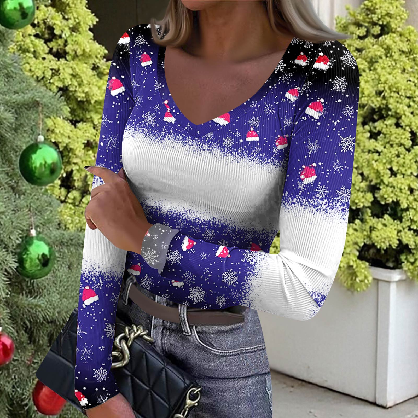 

Women s Winter Slim-Fit Base Layer T-Shirt Fashionable Christmas Print V-Neck Pullover Long-Sleeved Top M