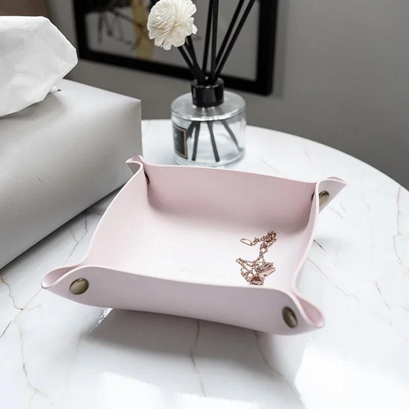 Foldable PU Leather Storage Box Desktop Cosmetic Jewelry Storage Tray Home Office Keys Coins Storage Organizer