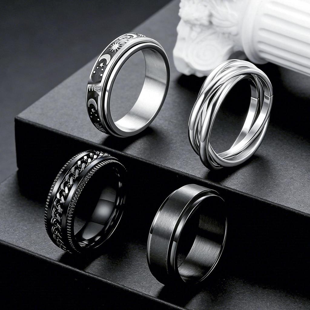 Rotatable Titanium Steel Moon & Stars Ring for Men - European & American Style Stainless Steel Couple Ring
