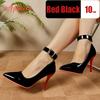 Aphixta Metal Belt Buckle Strap Pimp Red Black 10cm Stiletto Heels Pumps Women Party Shoes Rivets Pointed Toe Size 48 49 50