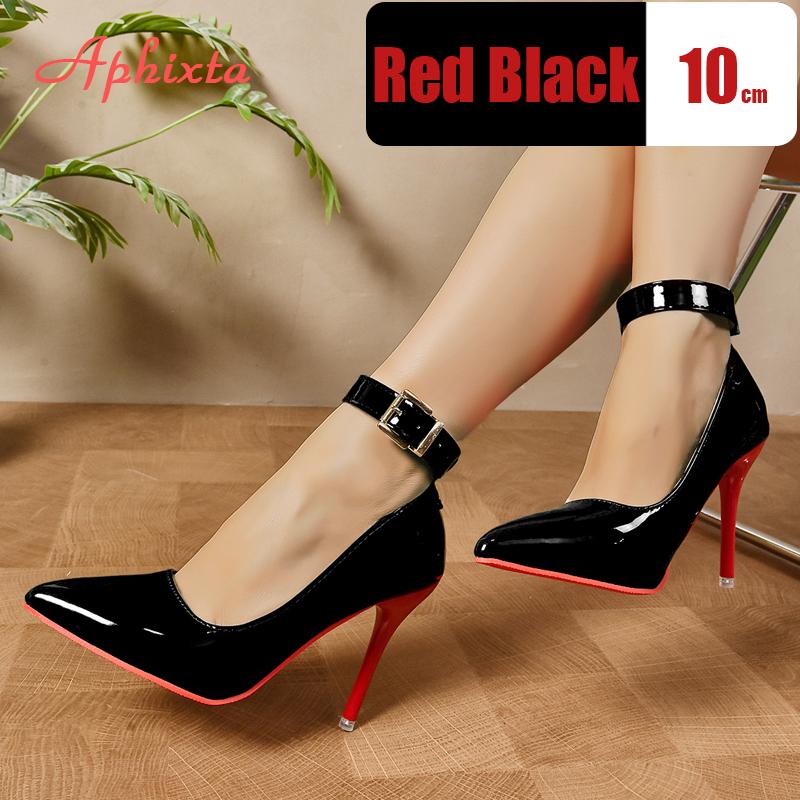 Aphixta Metal Belt Buckle Strap Pimp Red Black 10cm Stiletto Heels Pumps Women Party Shoes Rivets Pointed Toe Size 48 49 50