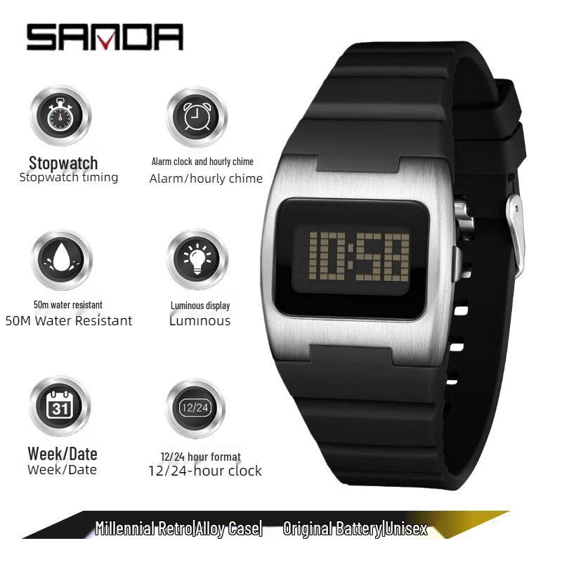

SANDA Millennium Retro Y2K Luminous Alarm Watch: Waterproof Square Wristwatch for Students