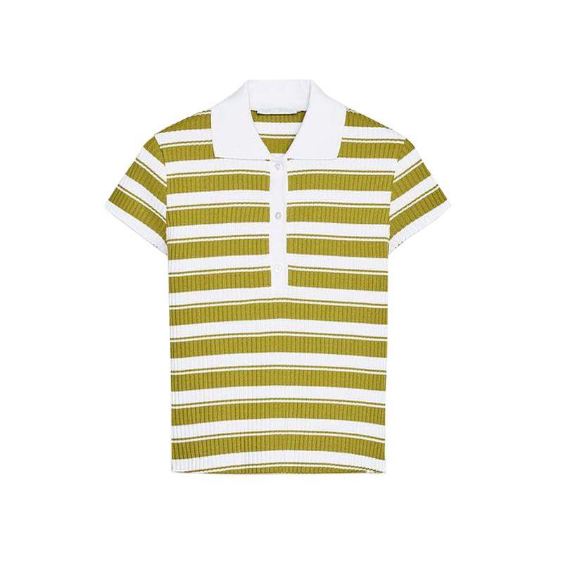 Summer New Product Women's Clothes Breasted Decorative Cotton Stripes Rib Lapel Short Sleeve Polo Shirt 0858154