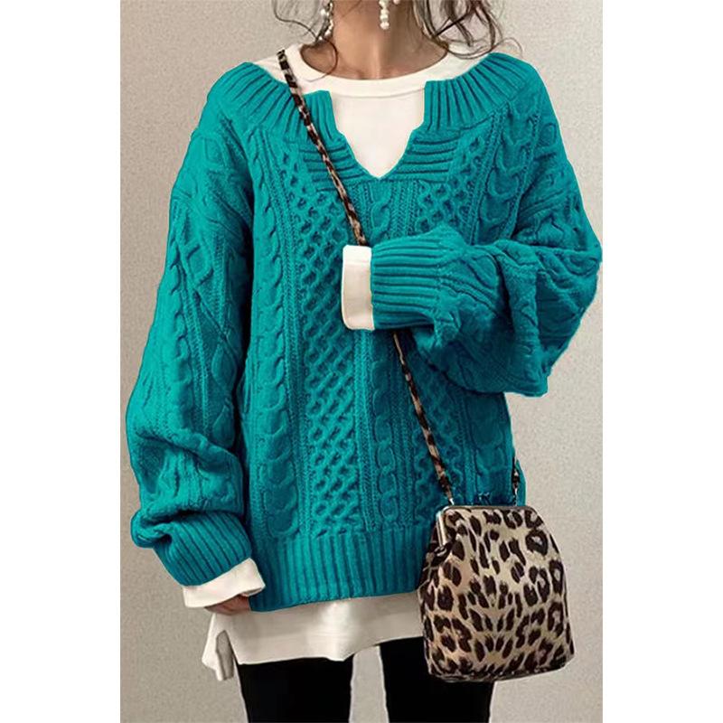 Suéter de Punto Casual de Color Sólido de Moda Tendencia Otoño Invierno para Mujer, Cuello en V, Básico, Jersey