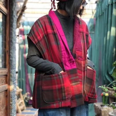 Dámské Vintage Bavlněné Lněné vesty Kabáty Patchwork Čínský styl Kostkovaný výstřih do V s výstřihem do V Zimní Dámské Kabáty Vesty