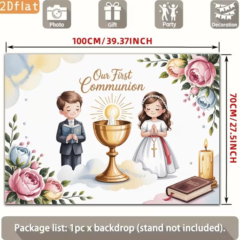2D First Communion Backdrop, Boy and Girl Chalice & Bible Photo Booth Background Banner