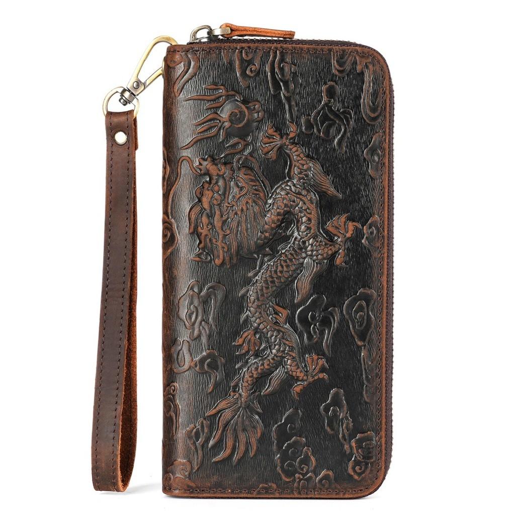 New Men's Genuine Cowhide Clutch Wallet Vintage Embossed Multi-Card Slots Wrist Strap Ready Stock Luxury Long Wallet