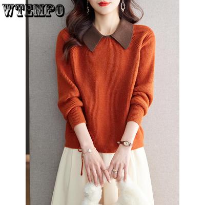 Pullover mit Puppenkragen in Kontrastfarbe für Damen, kurz, Herbst/Winter, neues Design, Strickpullover