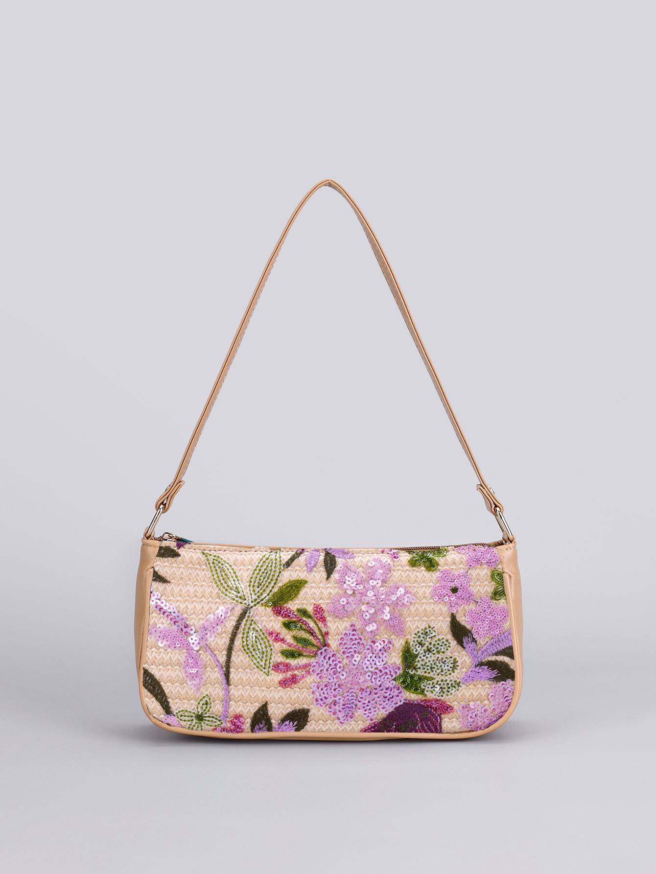 

Женская блестящая сумка-хобо с цветочным принтом — сумка на плечо с растительной вышивкой и регулируемым ремешком для весенне-летних и бохо-образных образов 27.5*6*14CM фиолетовый