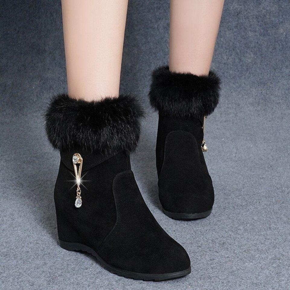 Fashion Black High Heels Booties Add Cotton Women's Snow Boots Rhinestone Ladies Shoes Work Y2k On Offer Furry New Rock Footwear Sale