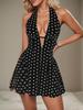 European & American Retro Black Polka Dot Sleeveless Halter Dress with Deep V-Neck & Open Back