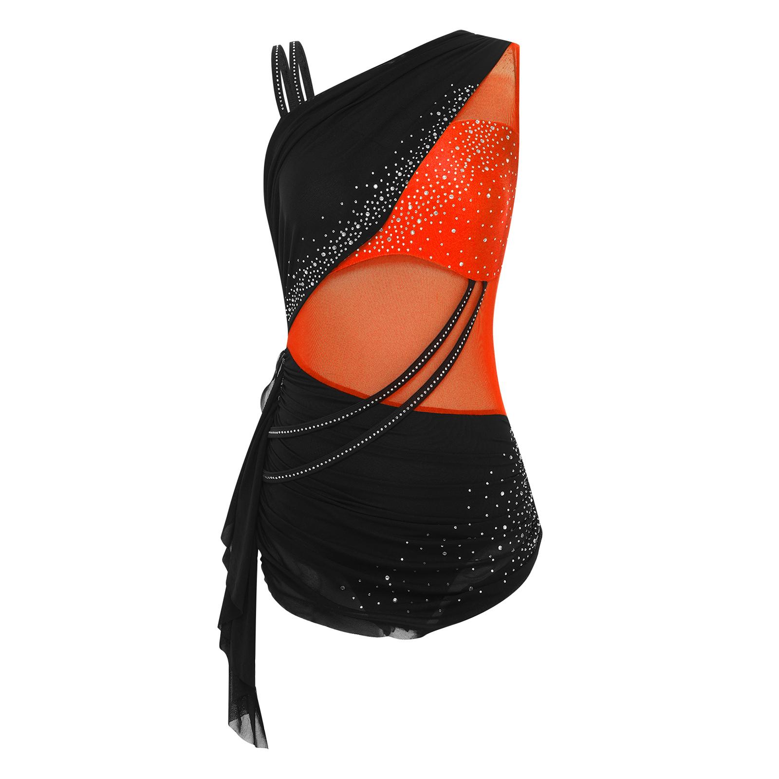 

Womens Ruched Skirt Jumpsuit Color Block Asymmetrical Shoulders Rhinestones Figure Skating Bodysuit S помаранчевий