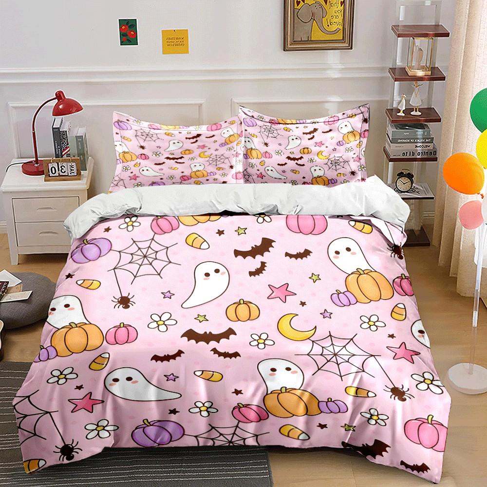 Halloween-Themed Pink Pattern Design 3-Piece Set Perfect For Halloween Decor,Exquisite 3-Piece Bedding Set Gift For Friends