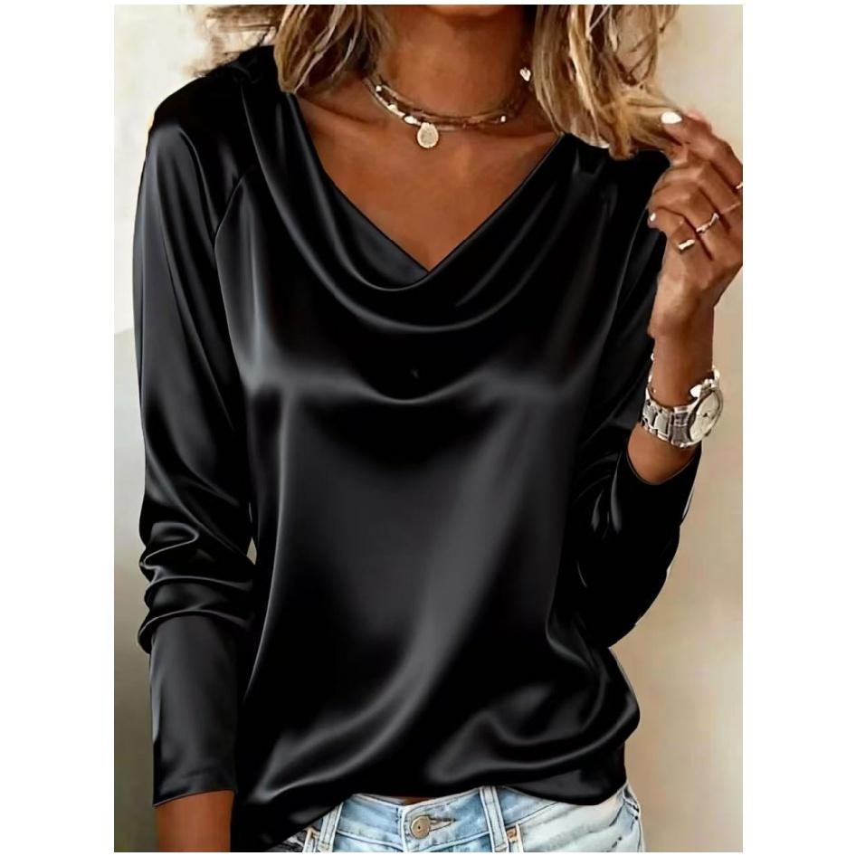 Spring Autumn Versatile Office Draped Collar Flowy Long-Sleeve Blouse - Stylish Elegant 100% Polyester Shirt