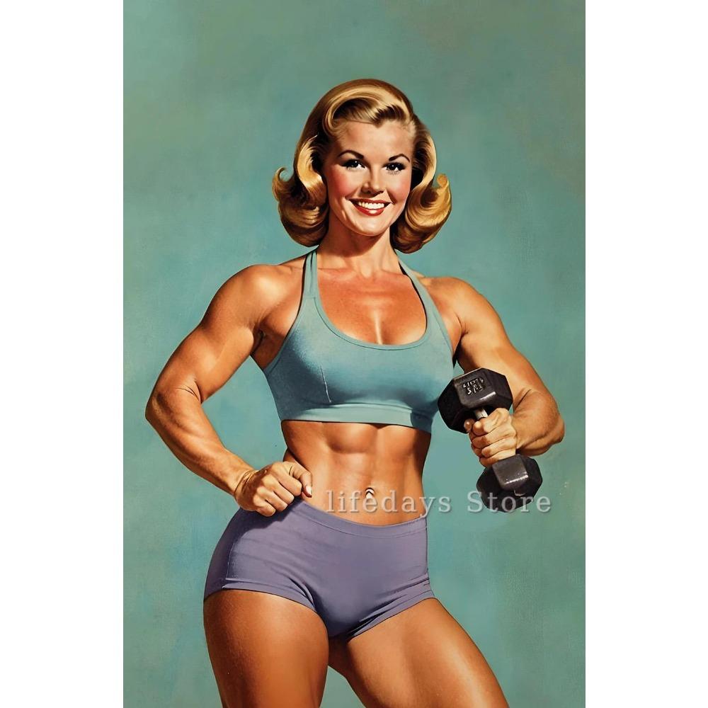 Poster and Print Canvas Painting Body Building Weightlifting Wall Art Picture for Gym Room Decor Retro Girl Exercise Fitness