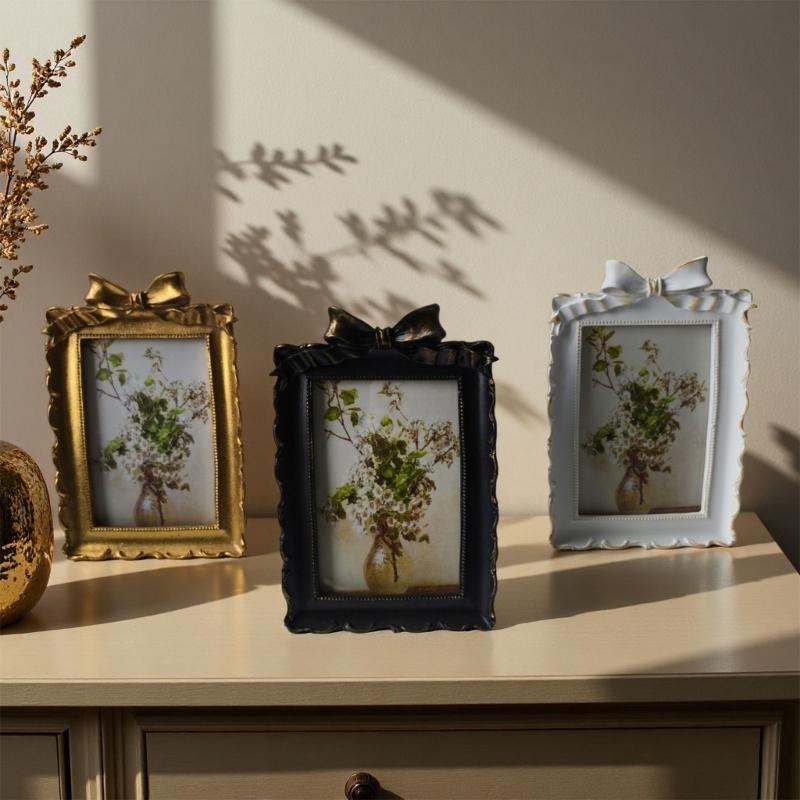 Decorative Tabletop Photo Frame with Antique Bowknot Detail, Resin Portrait Frame for Shelf Styling and Home Accent