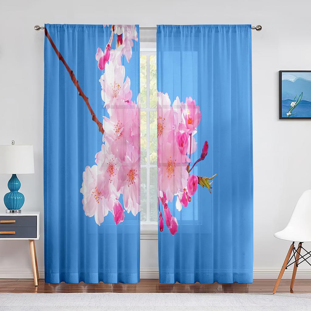 Cherry Blossom Sheer Voile Curtain Floral Sakura Blossom Pink Flower Window Tulle Curtains for Living Room Bedroom Kitchen Decor