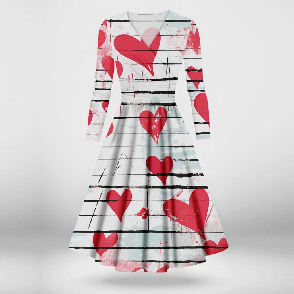 Women's Fashion Casual Valentine's Day Printed Long Sleeve V-Neck Sexy Dresses