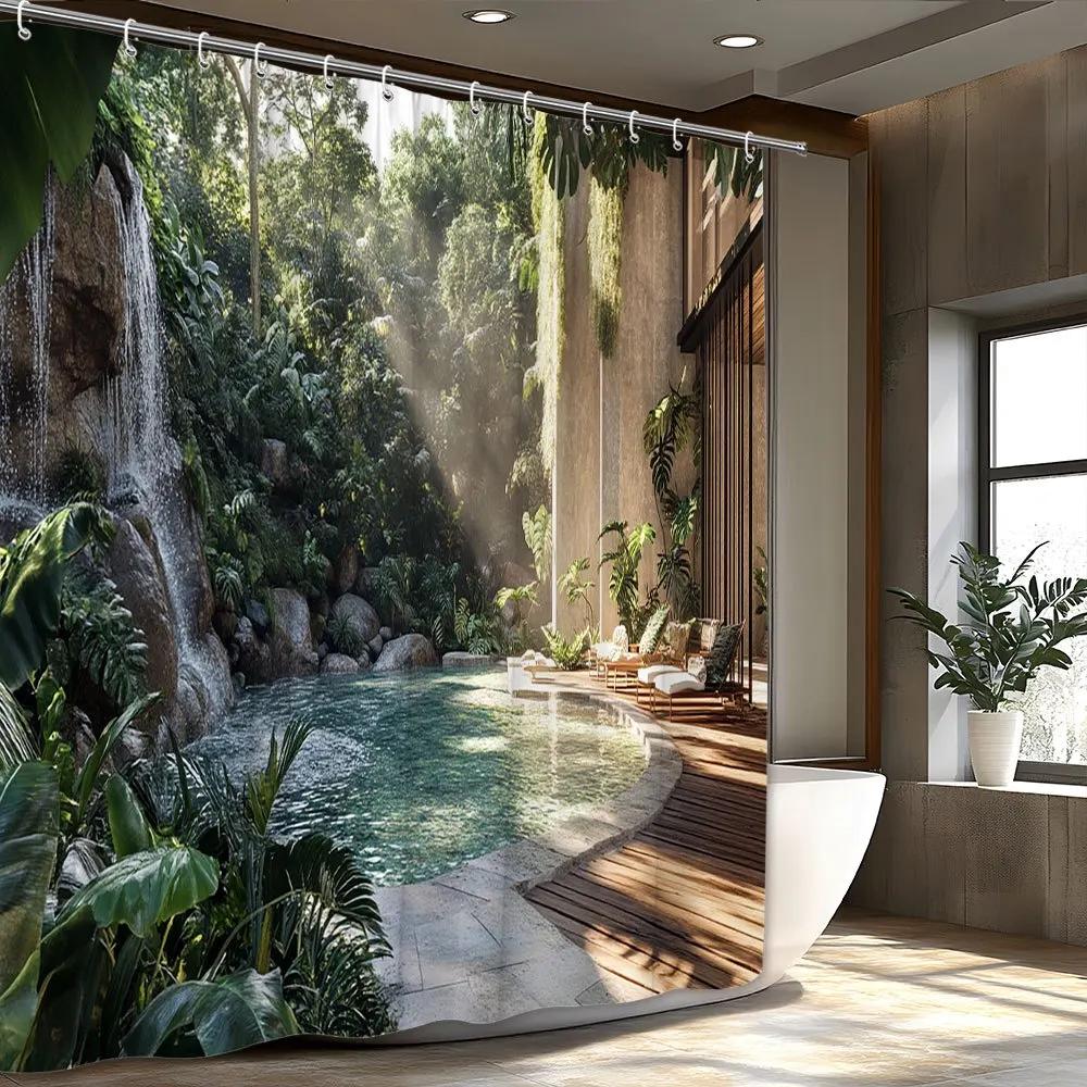

Tropical Pool Shower Curtain - Turquoise Waterfall Design, Lush Greenery, Wooden Deck, Luxe Bathroom Decor, Polyester, Washab W60H190(CM)-1 Pcs