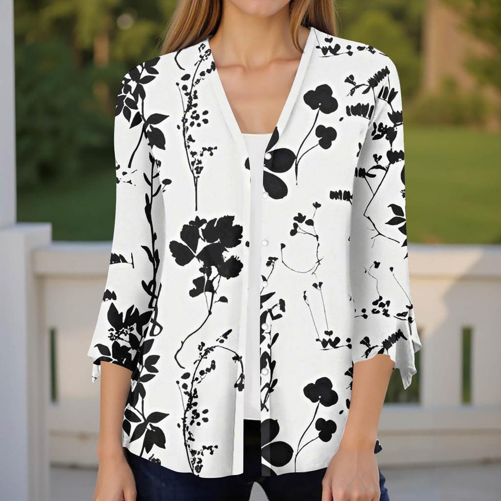Women's Fashion Loose Casual Printed Seven-Part Sleeve Button Down Blouse Cardigan Top