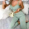 Dámský dvoudílný pyžamový set Cami Sexy žebrovaný úplet Krajkové lemování Noční oblečení Bez rukávů Výstřih do V Zkrácený top Dlouhé kalhoty Domácí oblečení