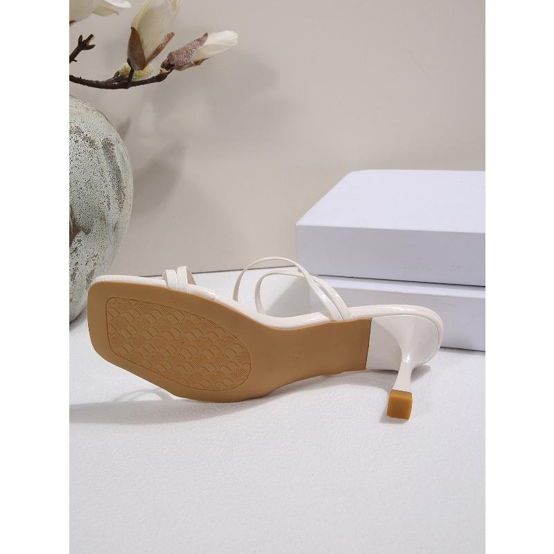 French Style Women Block Heel Slides, New Outdoor Fairy Style Elegant Mid Heel Thin Strap Square Toe Slippers