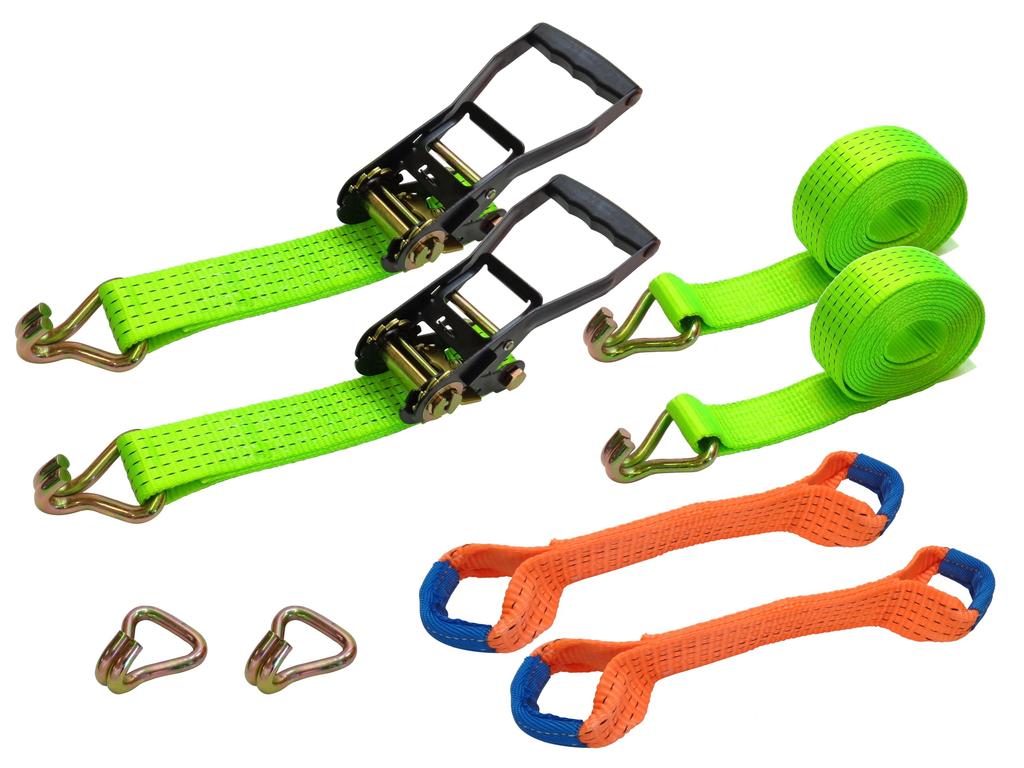 Set of 2 Ratchet Buckle Lashing Belts with J-Hooks, Tire Tie-Down Capacity (2.5 Ton), Black, for Car Tires and Fastening