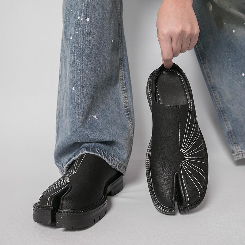 Men's Retro Split-Toe Leather Loafers & Mules - Large Size Slip-On Half Slippers