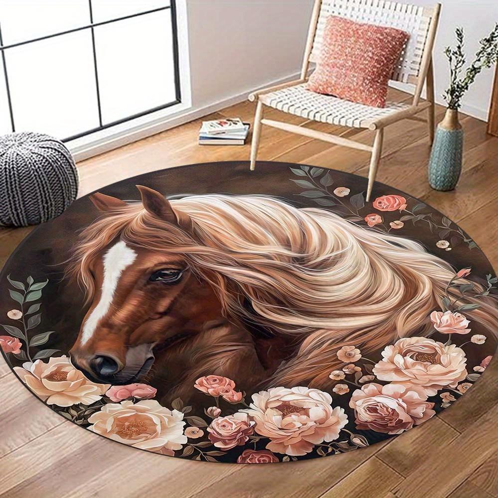 

Flower and Horse Pattern Round Area Rug, Non Slip Decorative Floor Mat for Living Room and Bedroom, Ideal Home Decor Gift Diameter 60cm