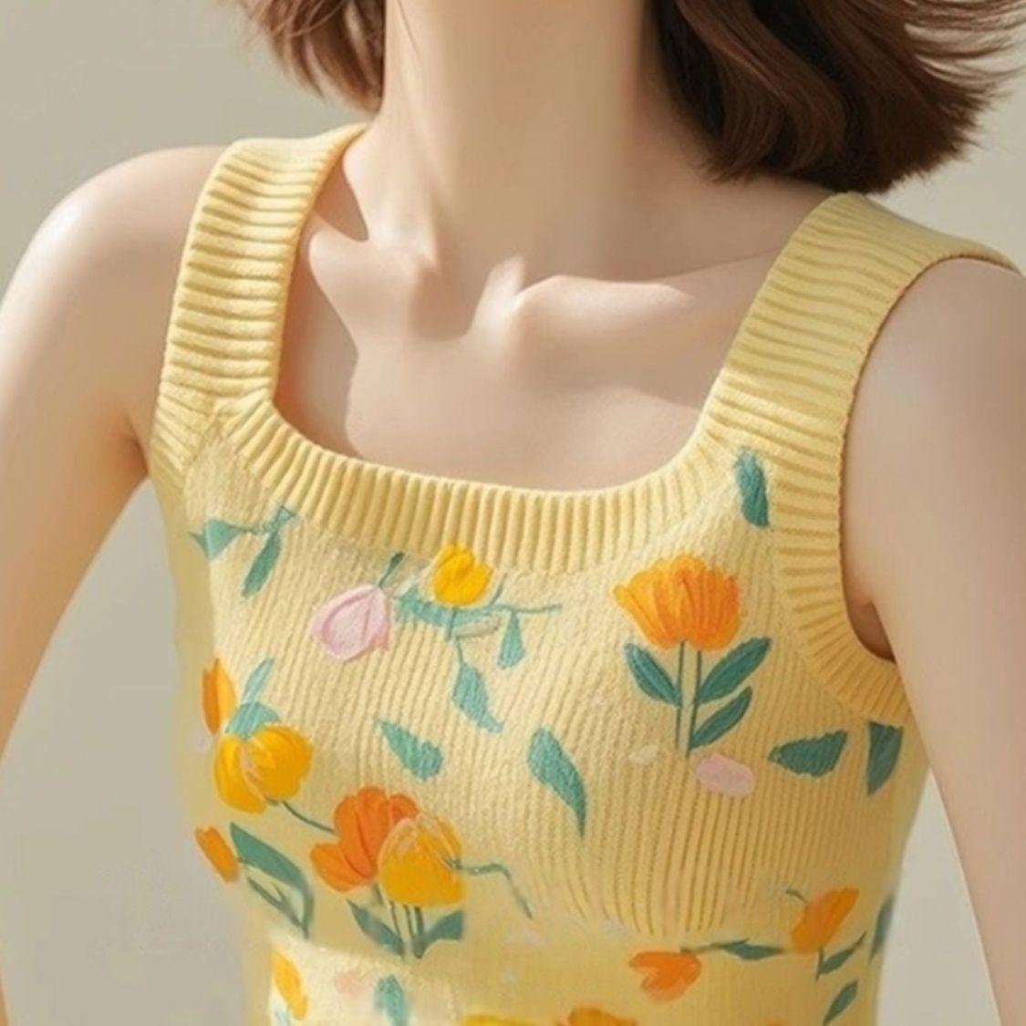 

Women s Summer French Elegant Tulip Short Knit Top Slim Fit Square Neck Camisole XL