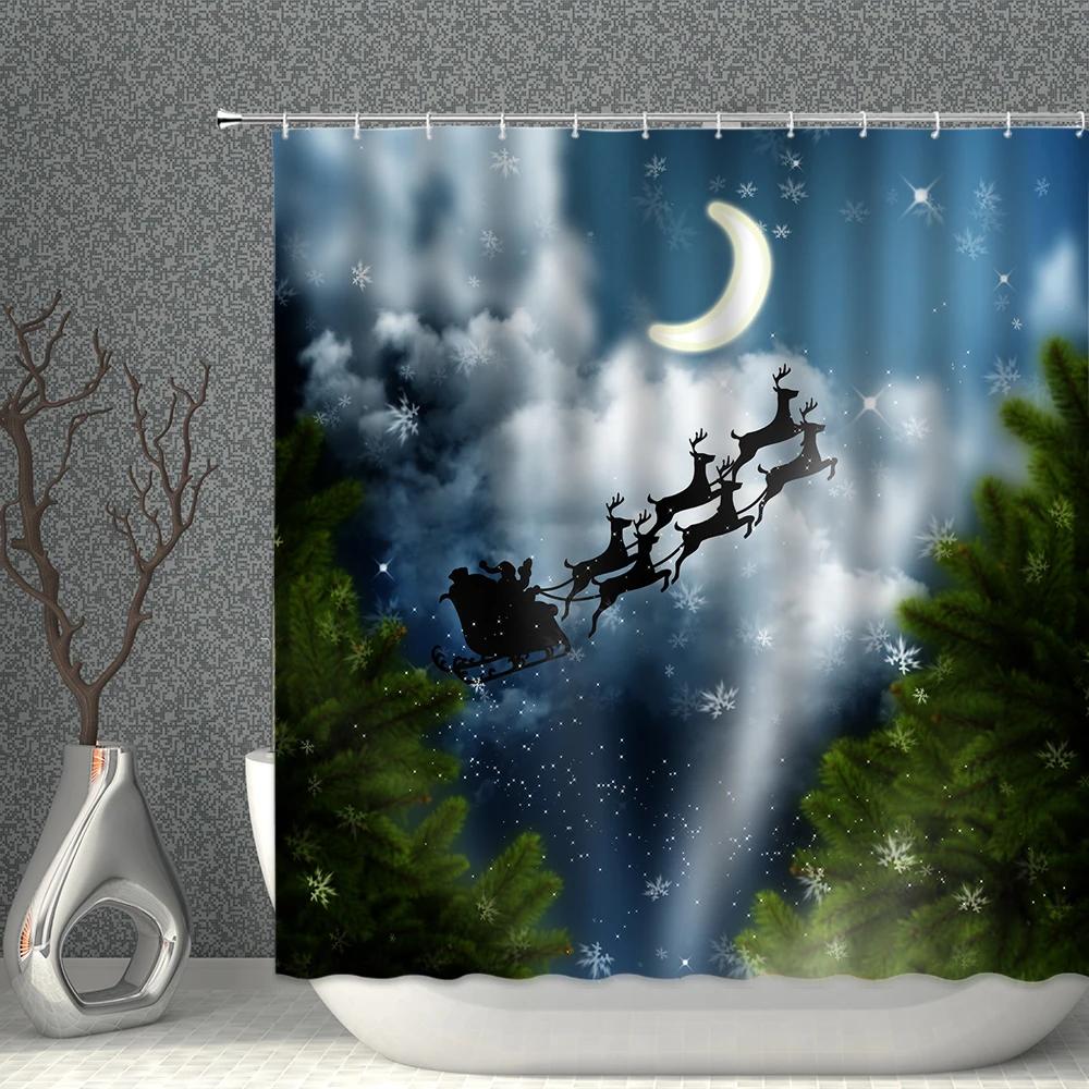 ChristmasTree Bells Shower Curtain Set Happy New Year Waterproof Polyester Cloth Curtains With Hooks Bathroom Home Decor