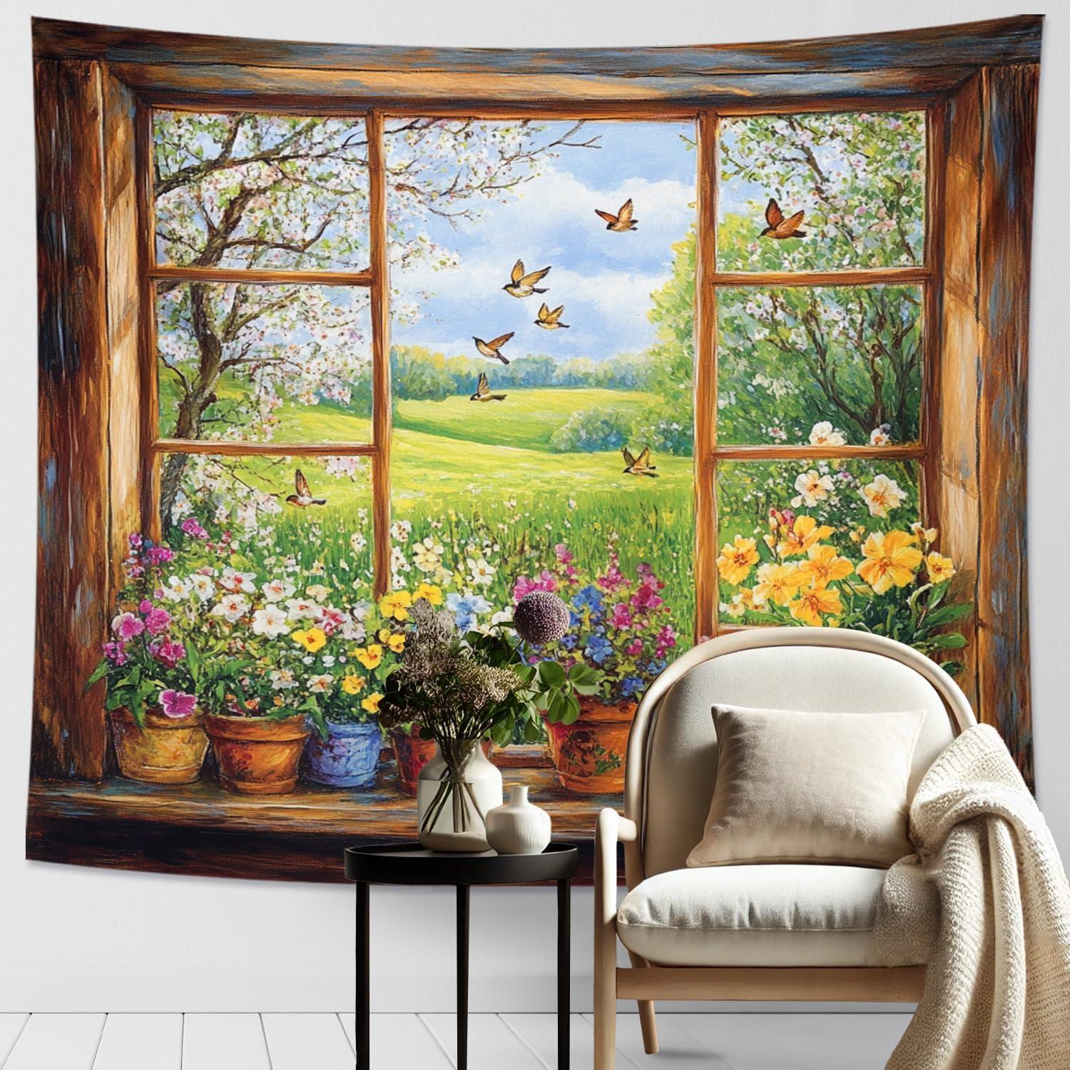 Tapestry spring garden window sage green country 75x100