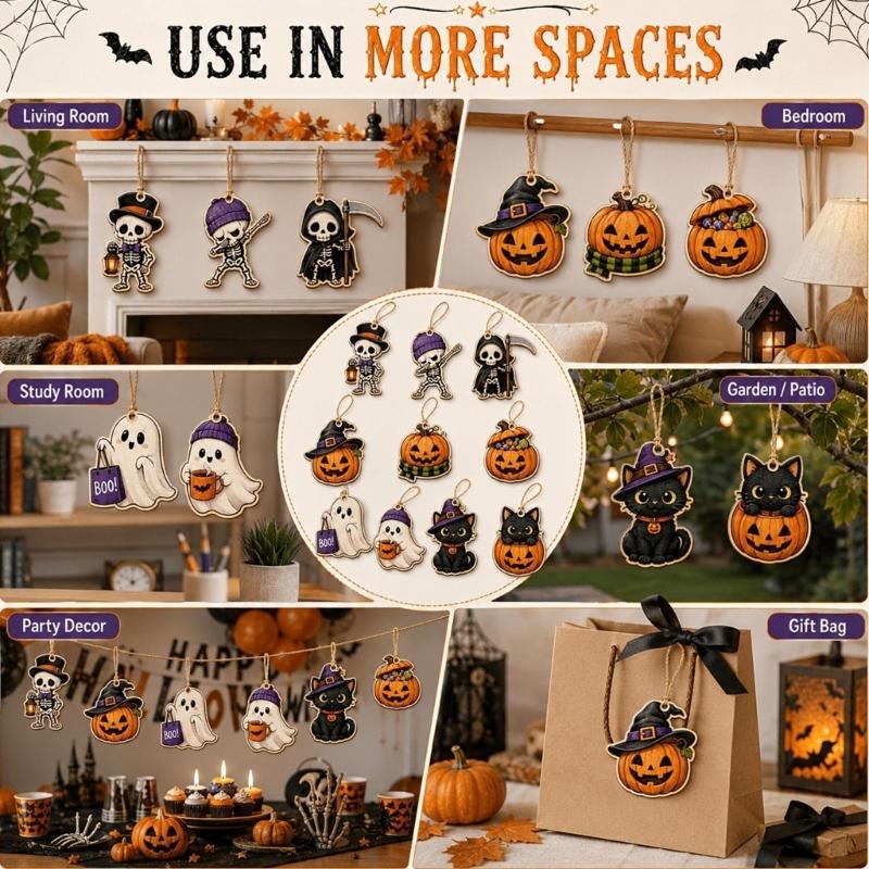 Seasonal Hanging Sign Set for Halloween, 10 Wood Character Cutouts with String Hangers for Entry Area, Room Styling, and Party Display