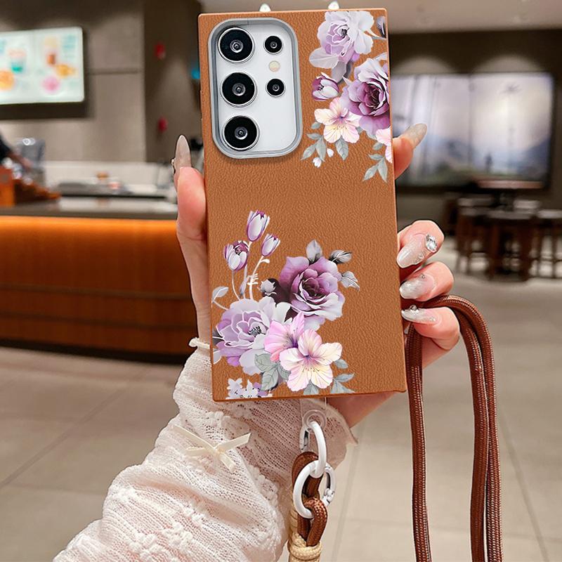 For Samsung S25 Ultra S24 FE S23 S22 A16 A56 A36 A55 A26 A35 Case Flower Pattern Slim Shockproof Matte Leather Texture TPU Soft Lanyard Phone Cover
