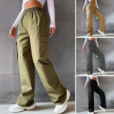 Women Cargo Pants Spring Elastic Waist Solid Color Pockets Wide Leg Trouser Female Casual Korean Streetwear Joggers Sweatpants