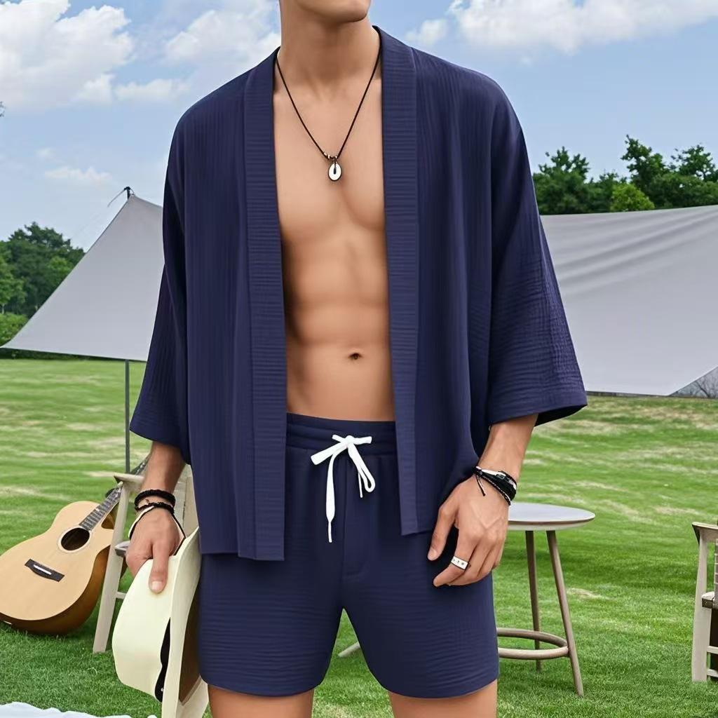 

Men s Casual Brown Knit Cardigan and Shorts Set, Summer Outdoor Relaxation Outfit with Accessories XXXL Темно-синій
