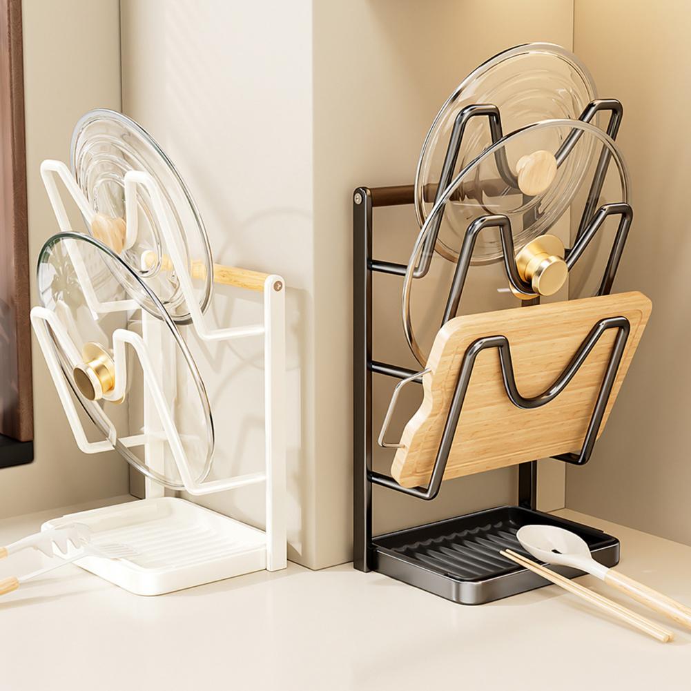 Kitchen Pot Lid Storage Rack Carbon Steel Pot Lid Holder While Cooking Pot Lid Stand with Spoon Rest Removable Drip Tray