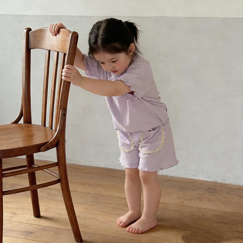 Summer 2026 New Arrival: Baby Girl Lace Pajama Set - Solid Color, Sweet Home Wear