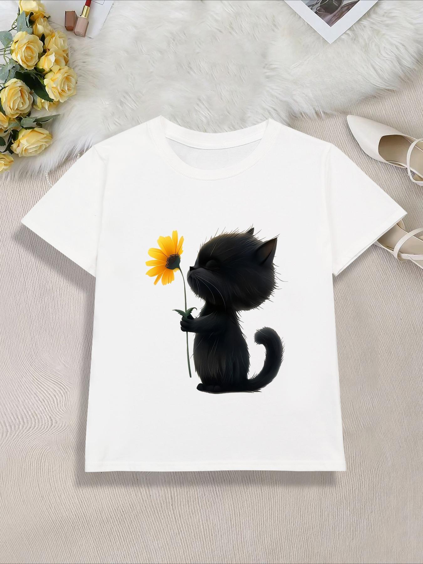 Adorable Black Cat Sunflower Print Girls TShirt Soft Short Sleeve Tee Fun Cartoon Design for Cchildren Summer Cat Shirt 100