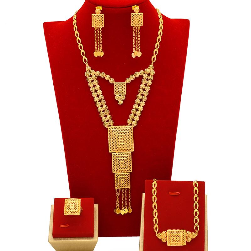 Dubai Wedding Jewelry Set: Ethnic Brass Gold-Plated Necklace, Earrings, Ring, and Bracelet.