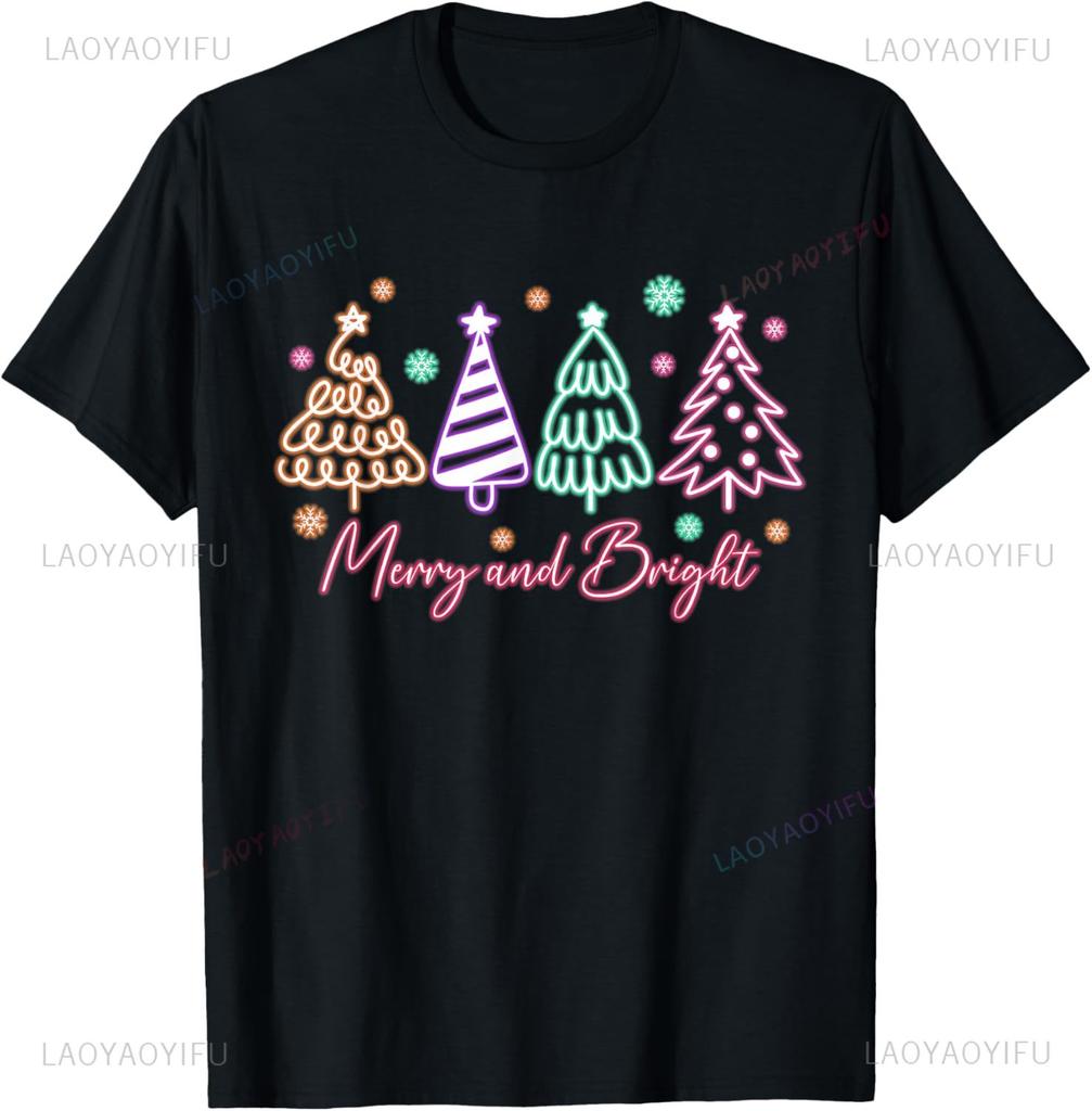 Merry And Bright Tree Neon Christmas Tshirt Unisex Summer Streetwear Tops Unisexs T Shirt Unisex And Unisex Short Sleeves Camiseta