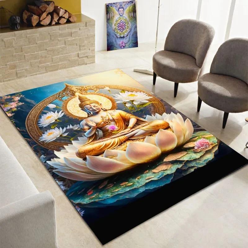Buddha Gedruckter Teppich Tempel Gebet Bodenmatte Buddhismus Bereichsteppiche für Schlafzimmer Wohnzimmer Eingangsbereich Rutschfest Yoga Lounge Teppich