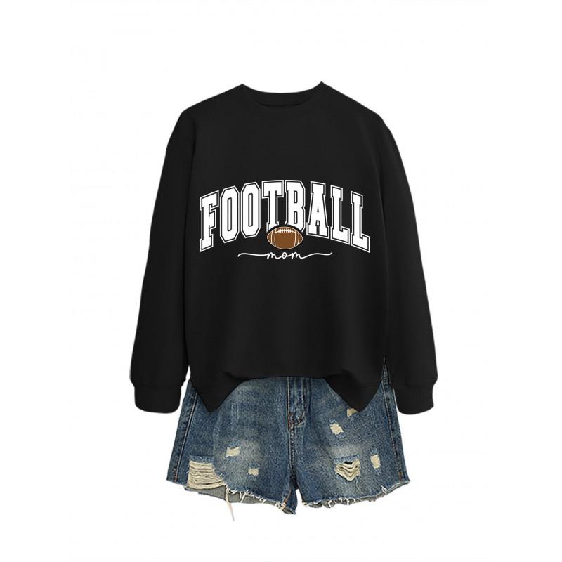 Womens Casual Round Neck Long Sleeve Cotton Sweatshirt With Football Mom Print - Loose Fit Plus Size S-XXL