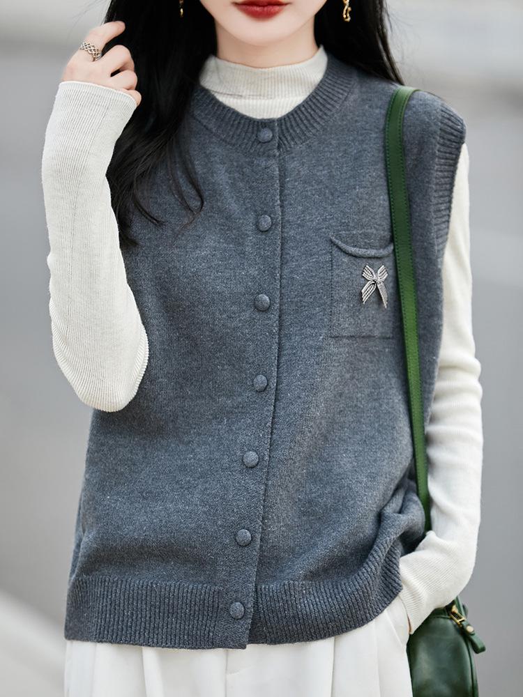 Damen Schicker Grauer Gestrickter Ärmelloser Weste - Rundhalsausschnitt, Lockere Passform Herbst Layering Top