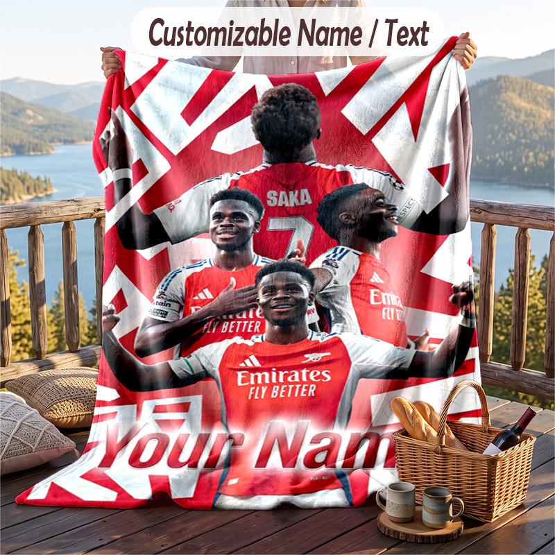 Flannel Blanket Bukayo Saka Print Custom Name Text Soft Throw for Sofa Bed