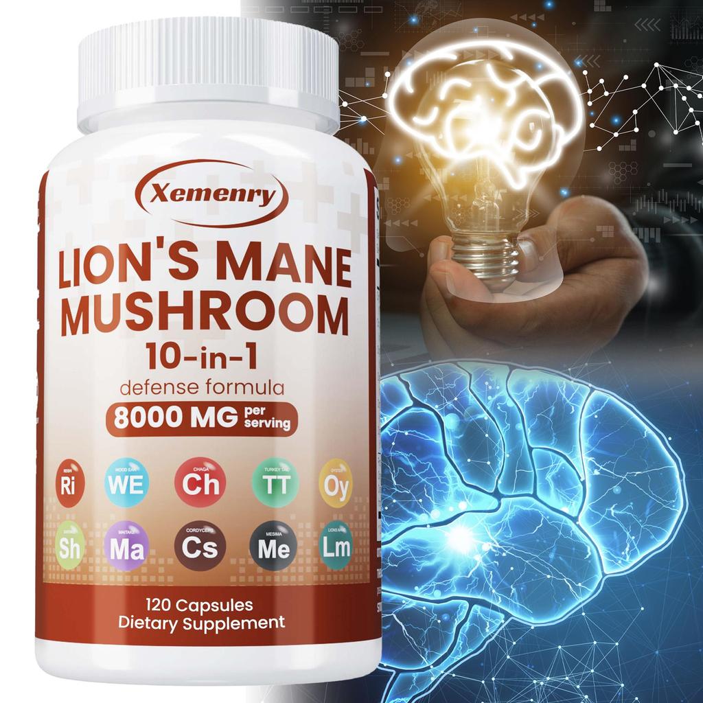 Lion's Mane Mushroom Capsules - Brain Memory Focus Immune Support Supplement