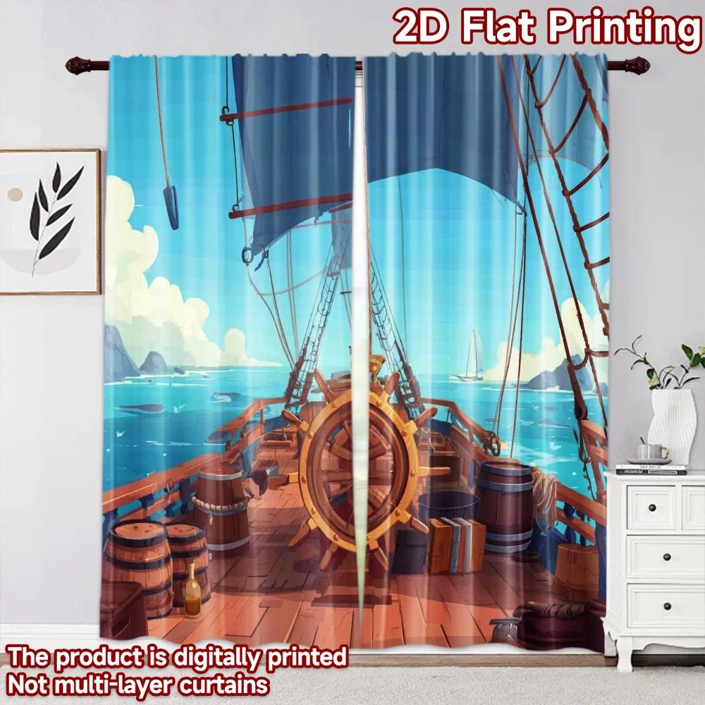 2D Flat Printing 2pcs Curtain Party Window Curtains Sailing Ship Deck Digital Printed Polyester Drapes Birthday Party for Living