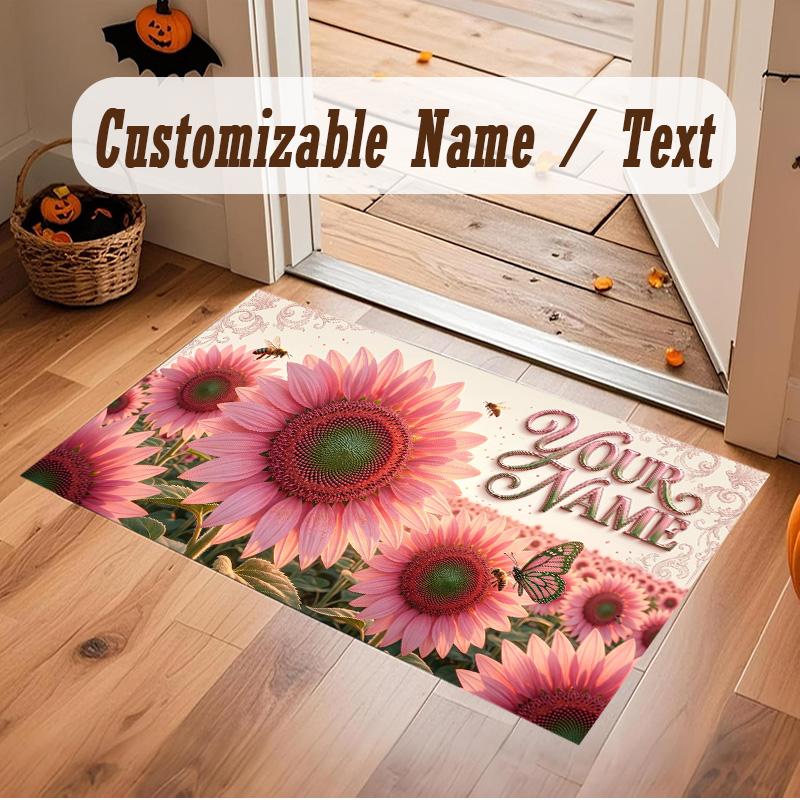 Floral Garden Theme Soft Crystal Velvet Rug Custom Name & Text Print Non Slip Floor Rug for Bedroom Living Room