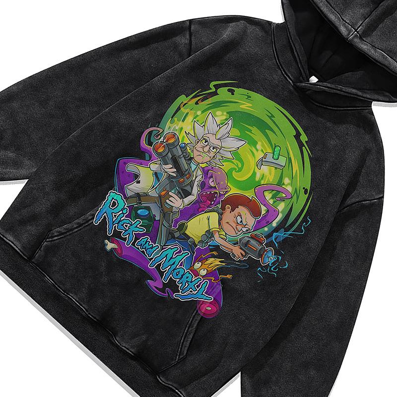 American Retro Cartoon Digital Direct Injection Printed Hoodie Autumn And Winter Washed Old Hooded Sweater For Men And Women