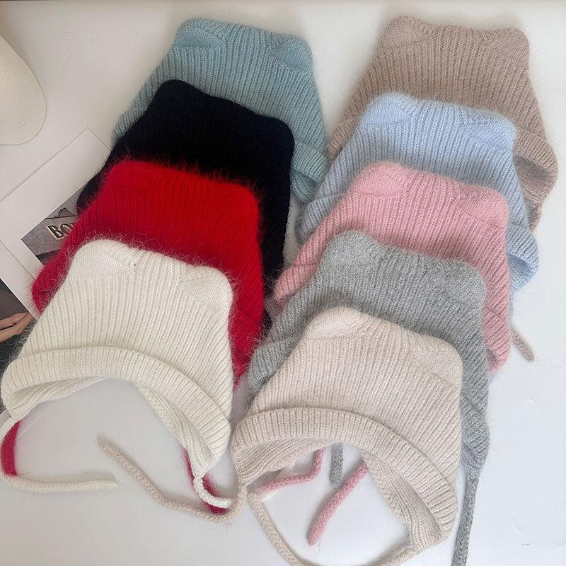 Cute Ears Autumn and Winter Wool Rabbit Hair Straps Candy-colored Wool Hat Bag Head Ear Protection Knitting with Student Warm Girl